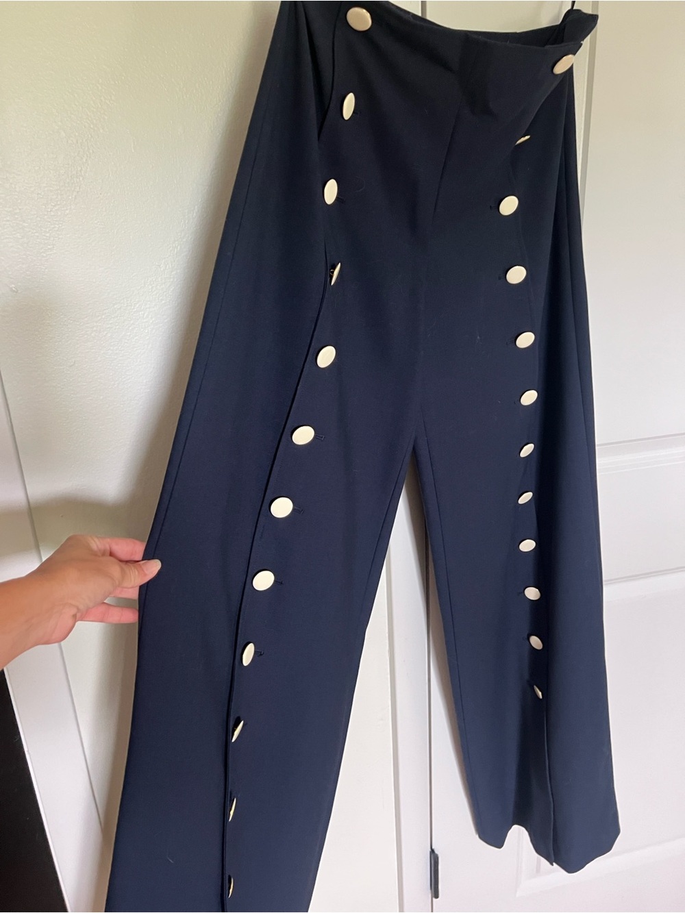 Tory Burch Navy Carrie Wide-Leg Sailor-Style Pants with White Buttons - Picture 5 of 6